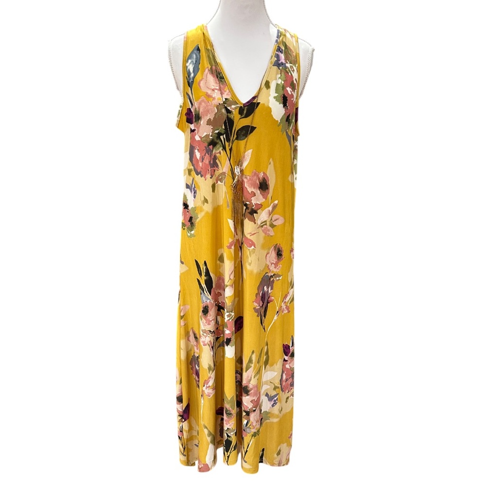 NWT. Mlle Gabrielle Yellow Floral Maxi Dress With Pendant‎ M